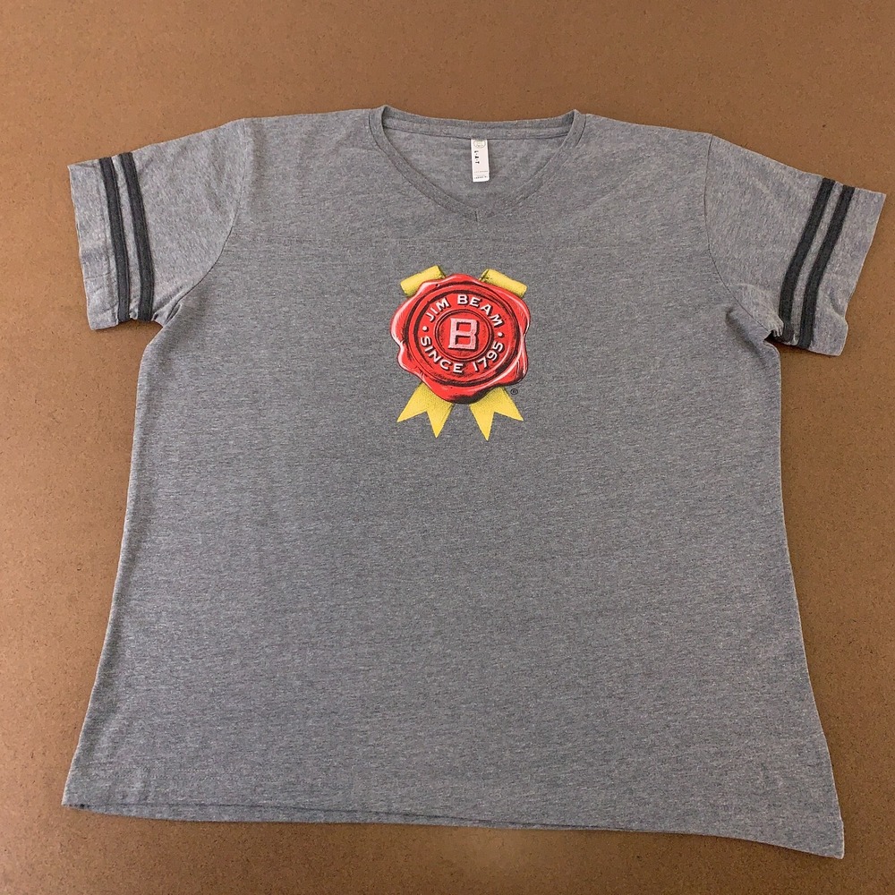 Jim Beam Women's Size XL Gray Varsity Striped Short Sleeve V Neck Team Beam Tee